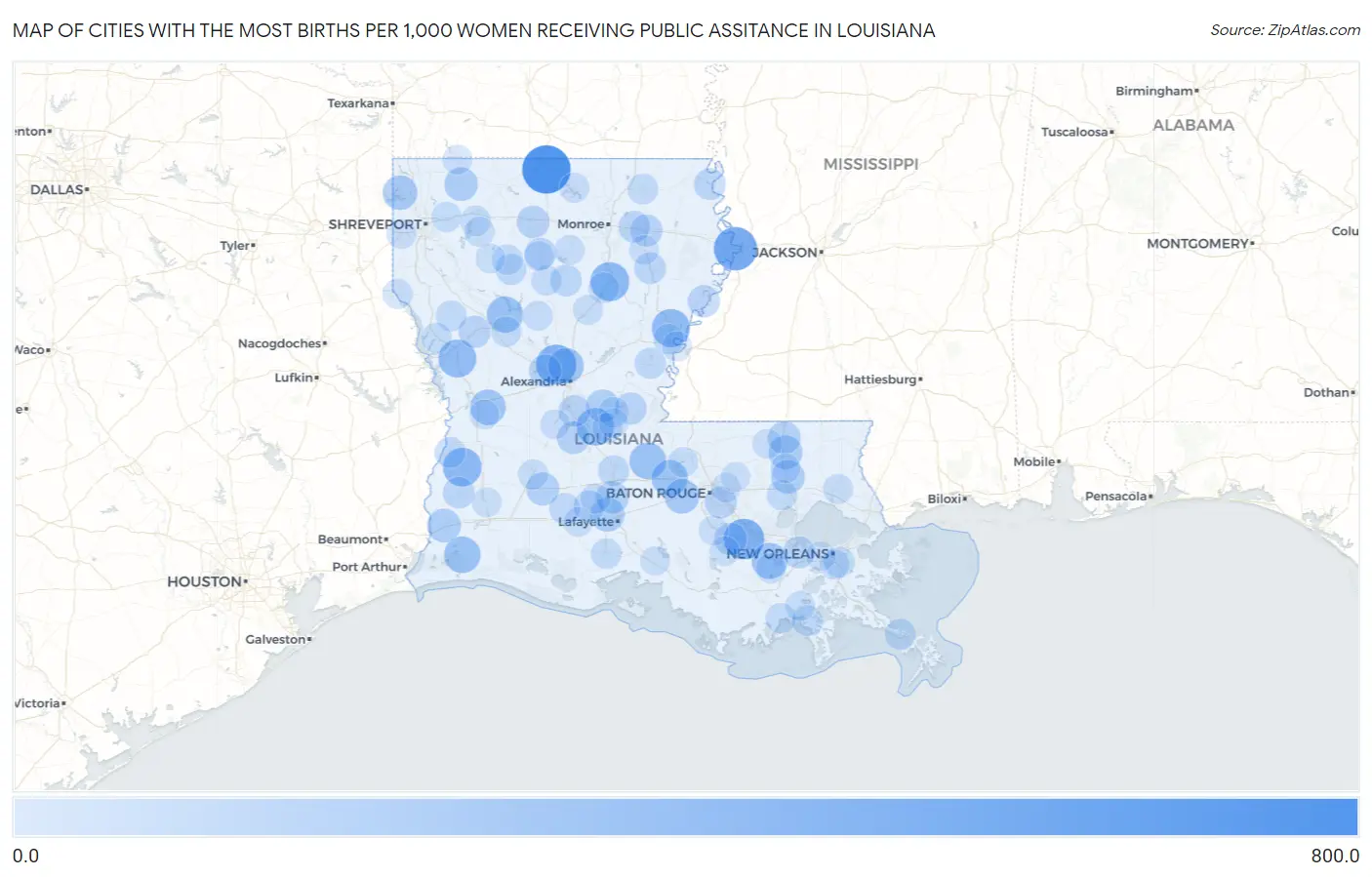 Cities with the Most Births per 1,000 Women Receiving Public Assitance in Louisiana Map