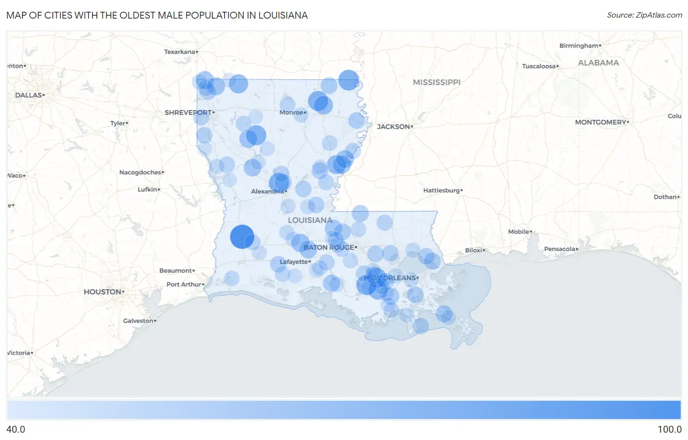 Cities with the Oldest Male Population in Louisiana Map