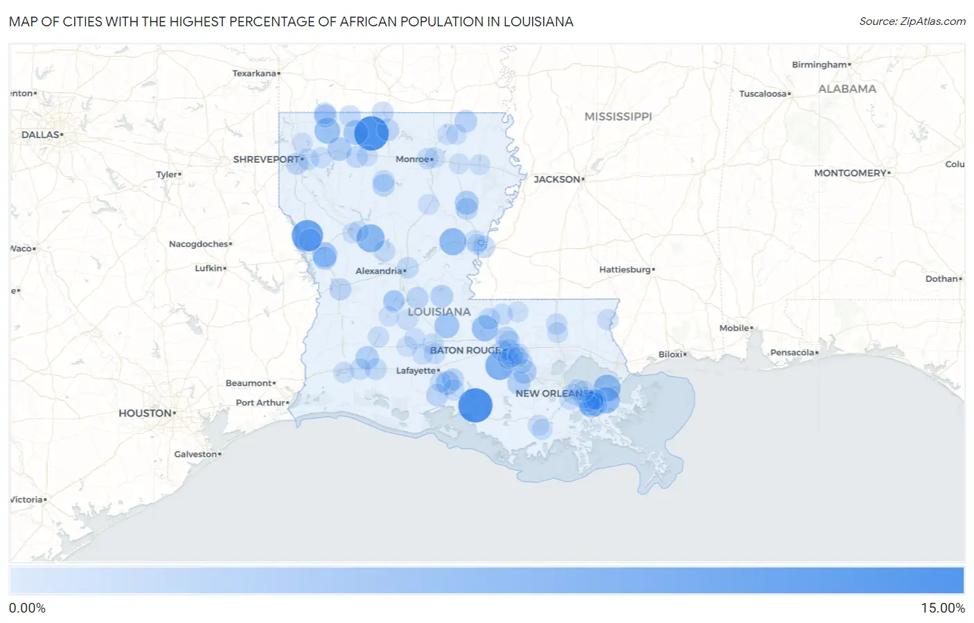 Cities with the Highest Percentage of African Population in Louisiana Map