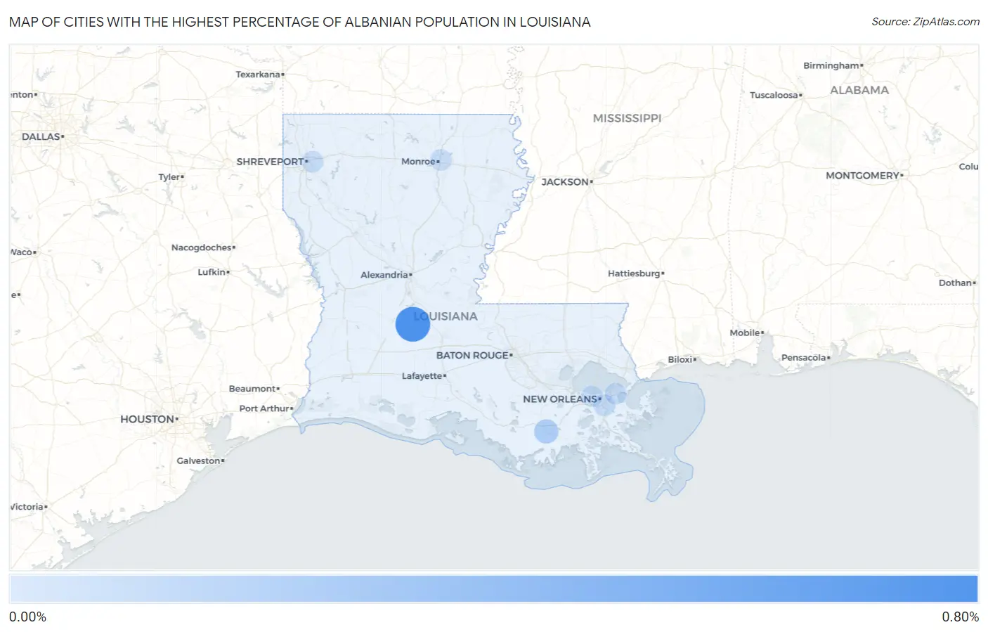 Cities with the Highest Percentage of Albanian Population in Louisiana Map