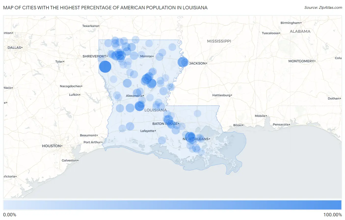 Cities with the Highest Percentage of American Population in Louisiana Map