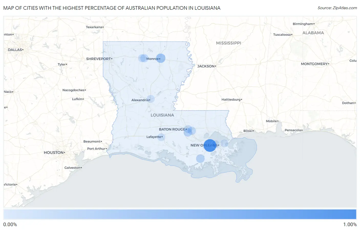 Cities with the Highest Percentage of Australian Population in Louisiana Map