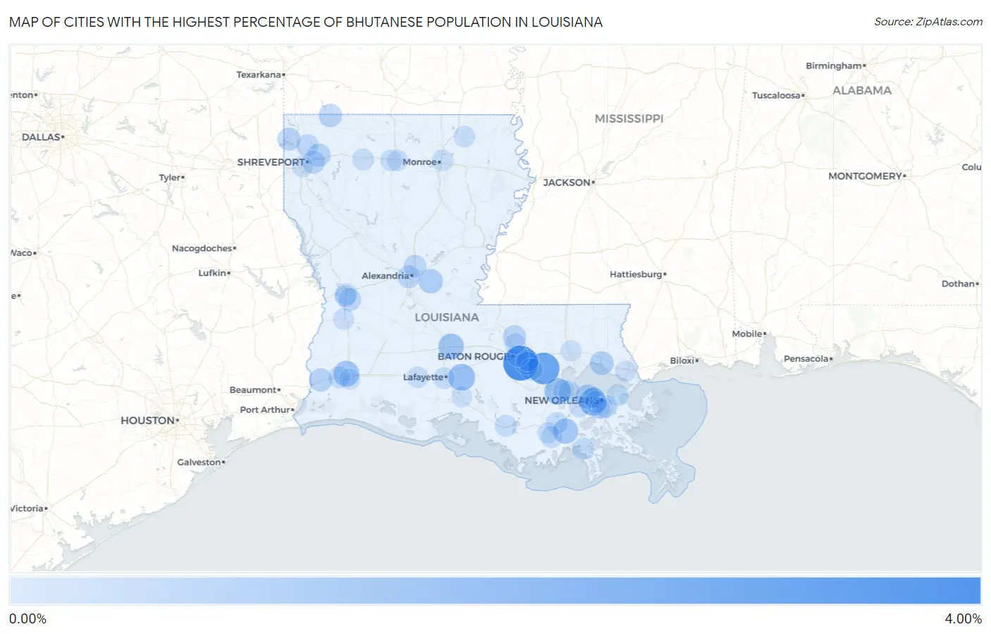 Cities with the Highest Percentage of Bhutanese Population in Louisiana Map