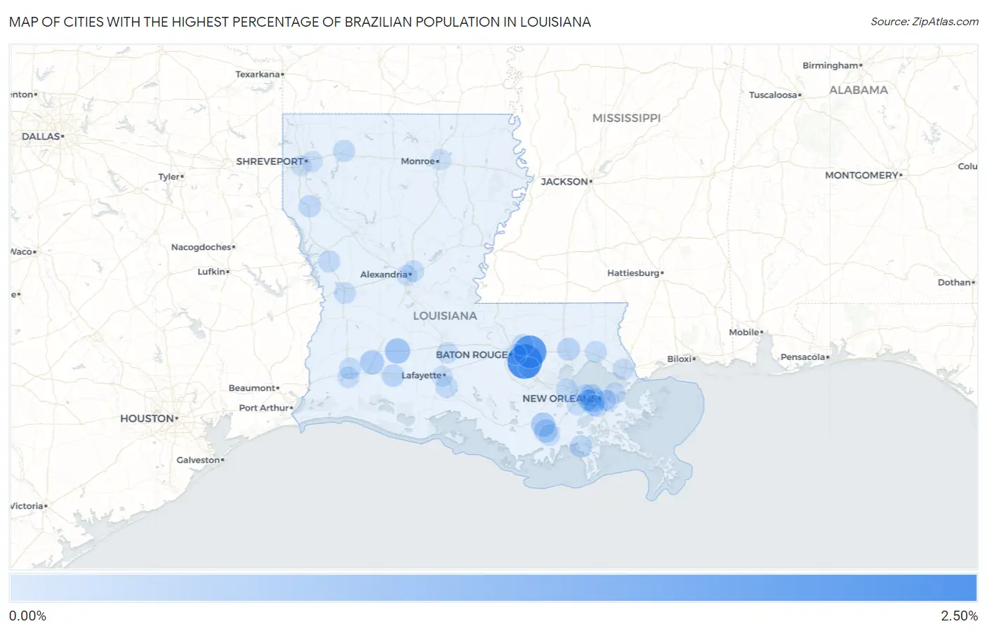 Cities with the Highest Percentage of Brazilian Population in Louisiana Map