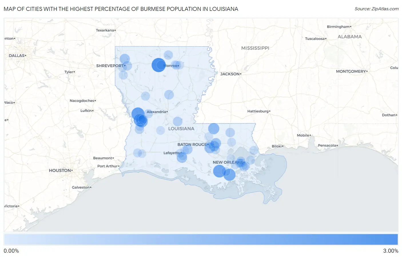 Cities with the Highest Percentage of Burmese Population in Louisiana Map