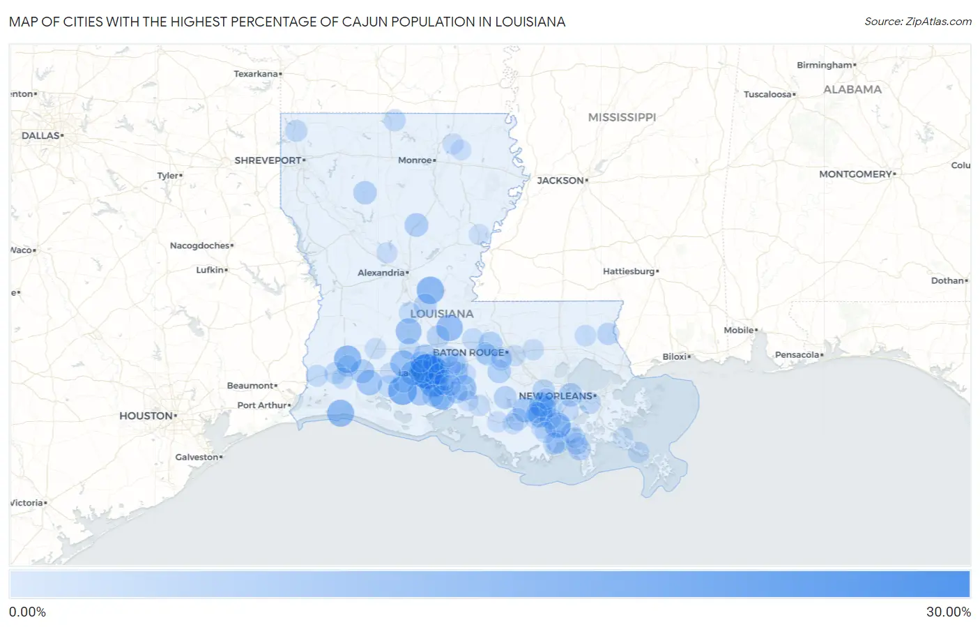 Cities with the Highest Percentage of Cajun Population in Louisiana Map