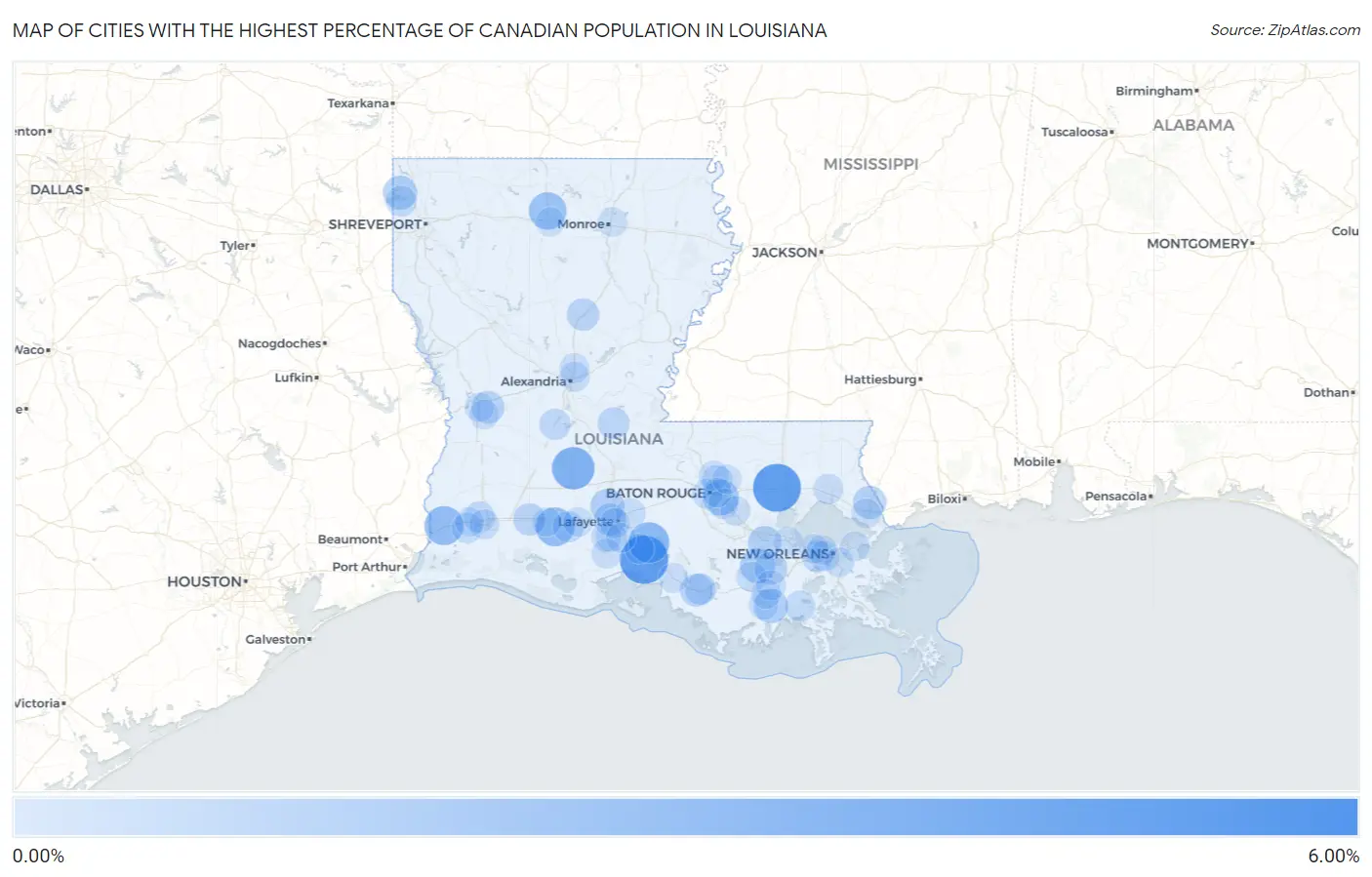 Cities with the Highest Percentage of Canadian Population in Louisiana Map