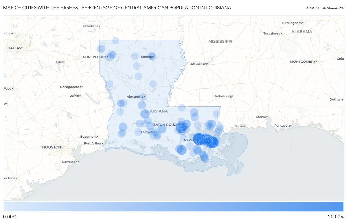 Cities with the Highest Percentage of Central American Population in Louisiana Map