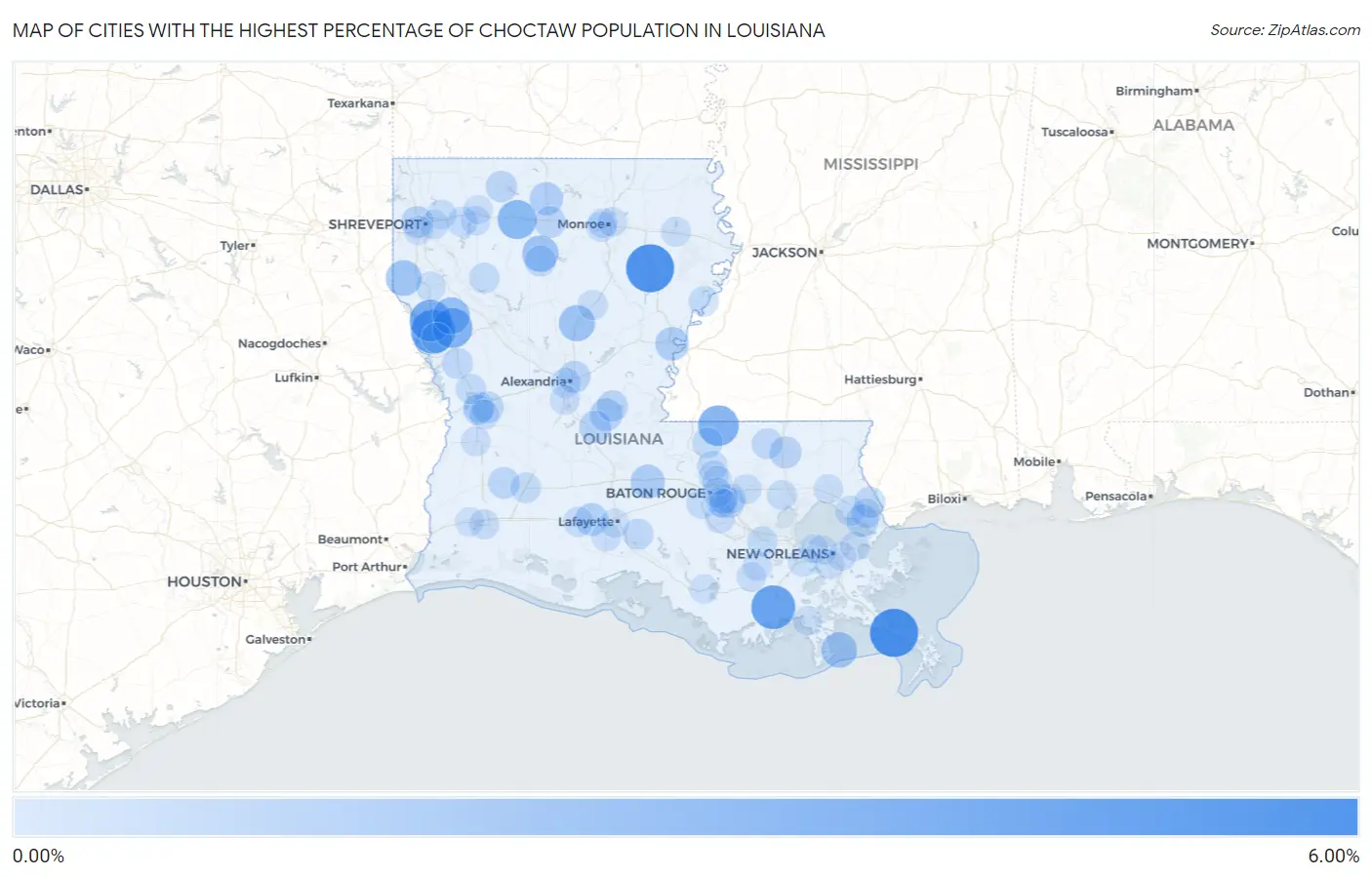 Cities with the Highest Percentage of Choctaw Population in Louisiana Map