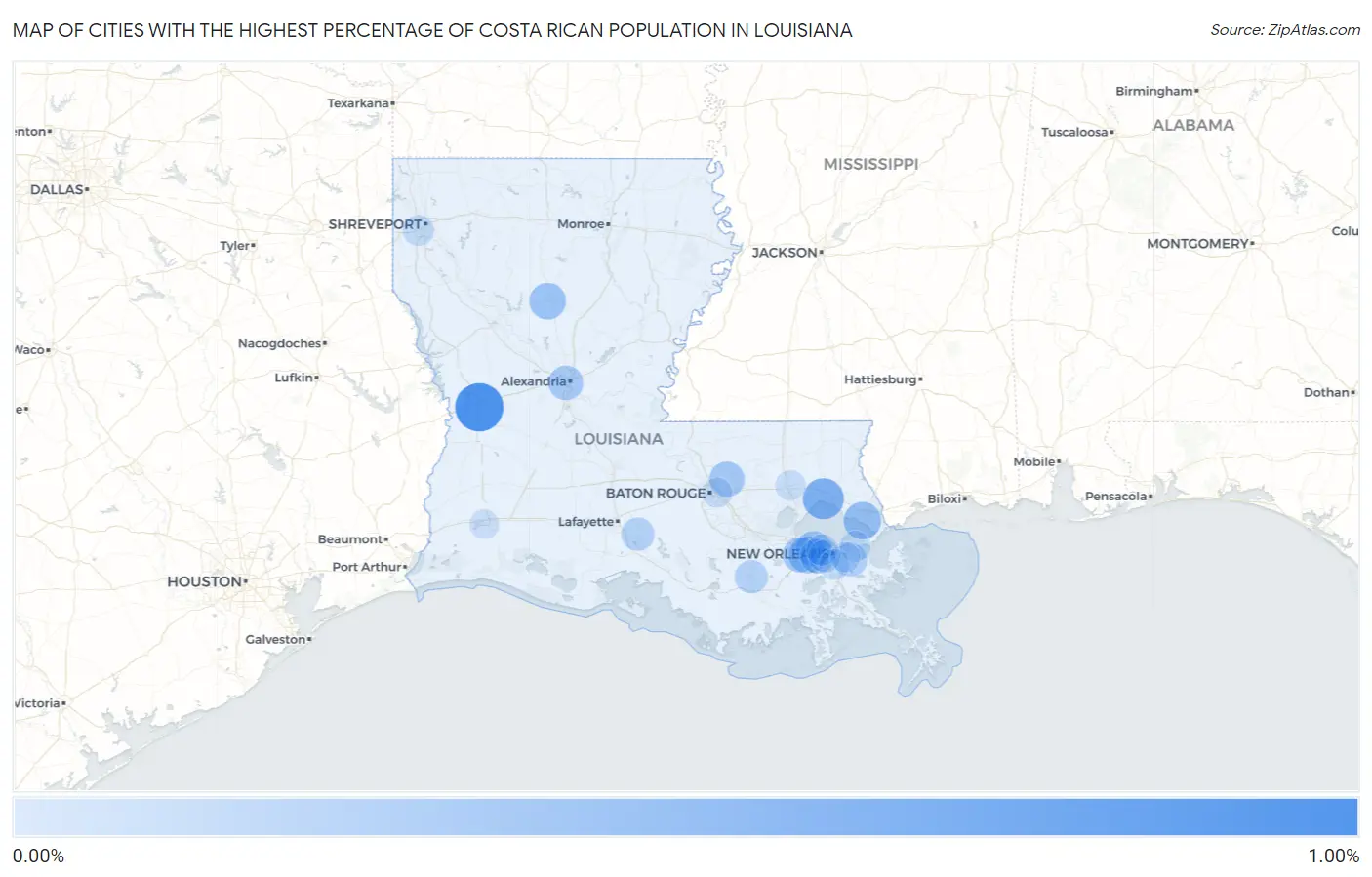 Cities with the Highest Percentage of Costa Rican Population in Louisiana Map