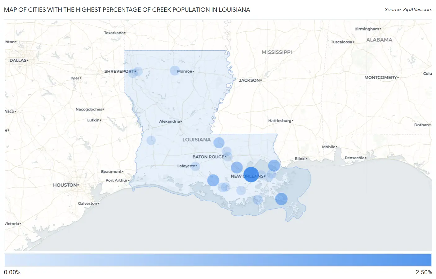 Cities with the Highest Percentage of Creek Population in Louisiana Map