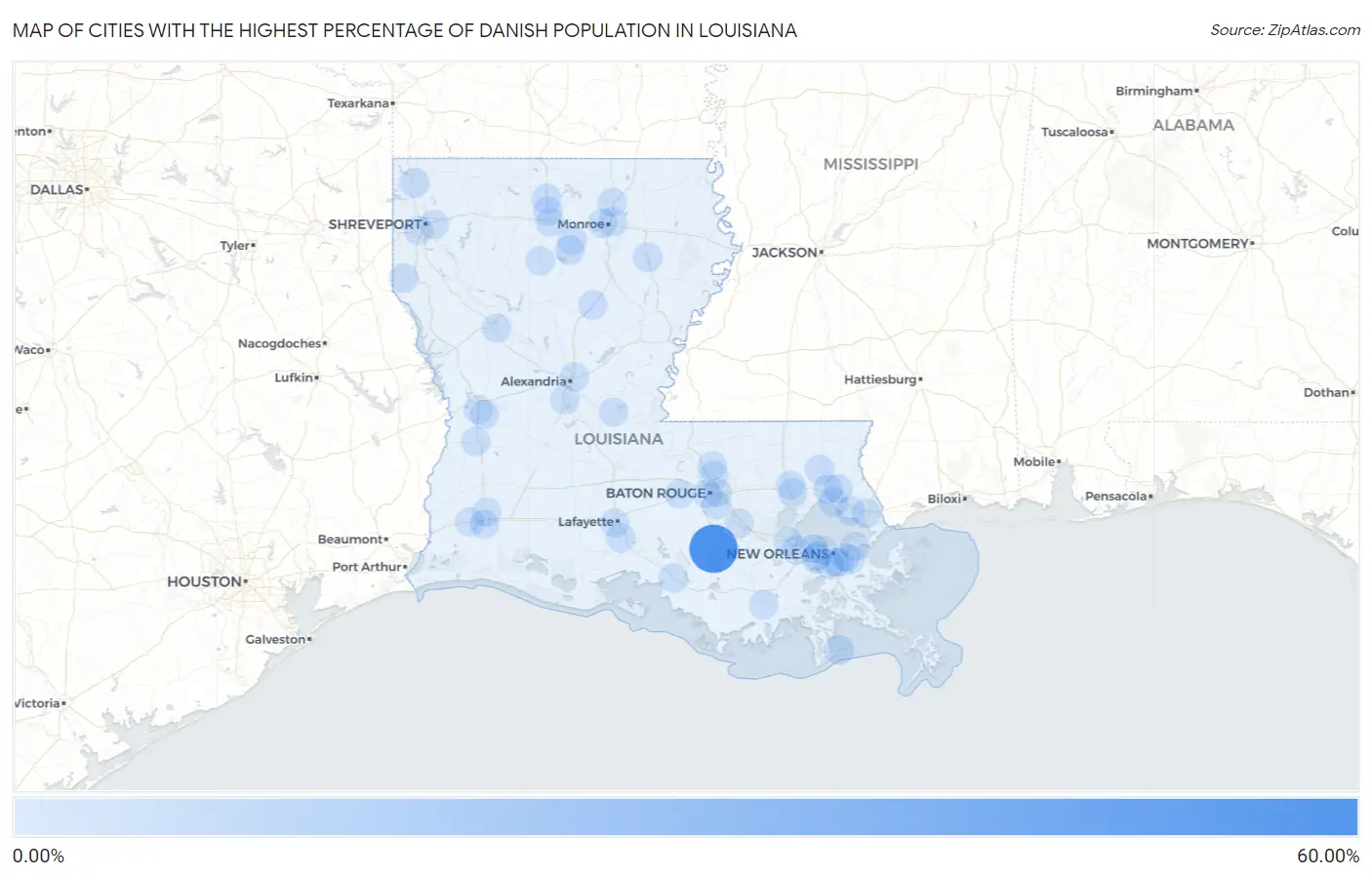 Cities with the Highest Percentage of Danish Population in Louisiana Map