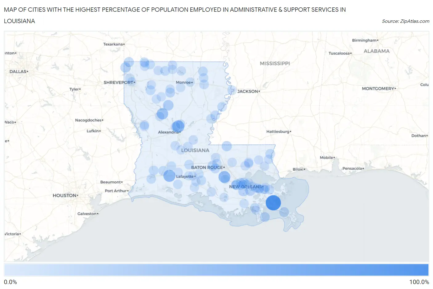 Cities with the Highest Percentage of Population Employed in Administrative & Support Services in Louisiana Map