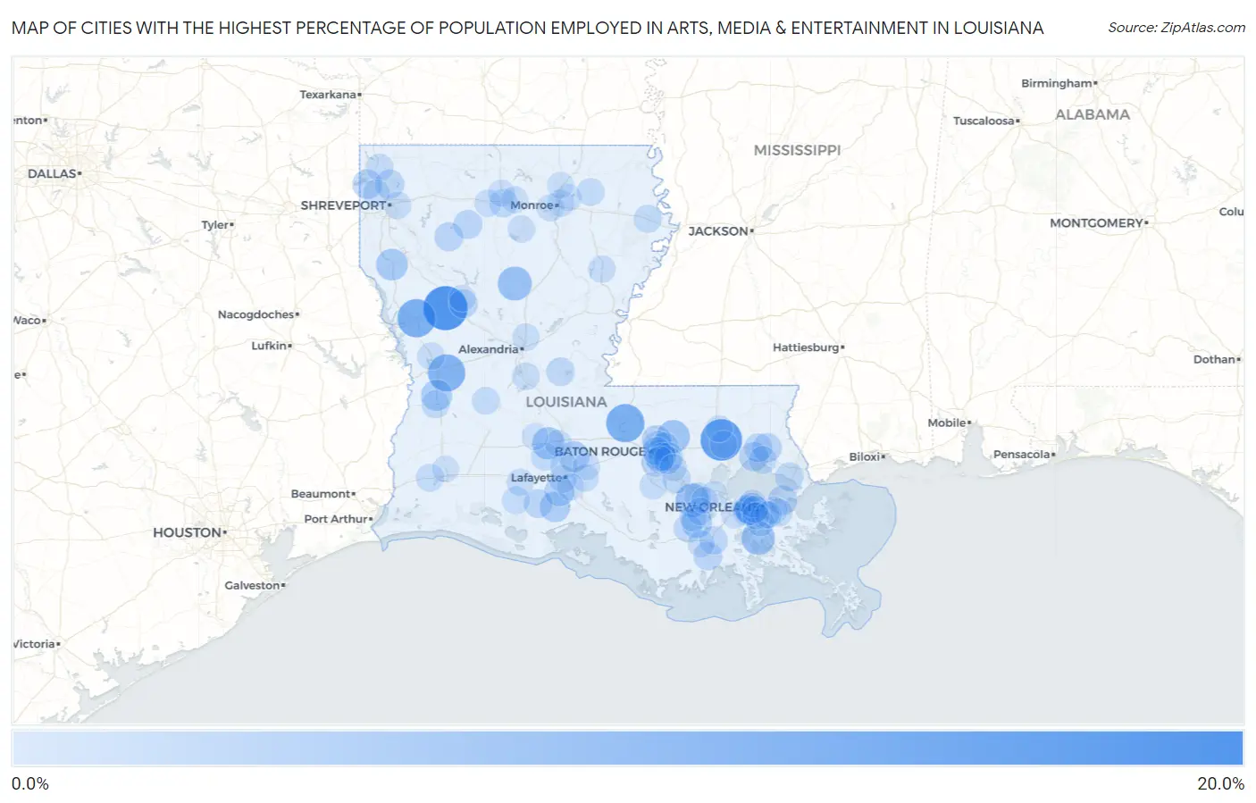 Cities with the Highest Percentage of Population Employed in Arts, Media & Entertainment in Louisiana Map