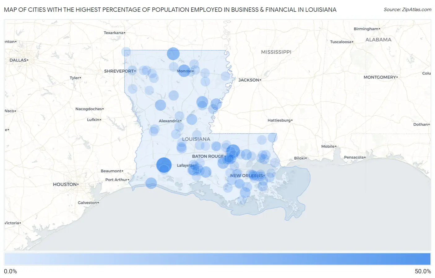 Cities with the Highest Percentage of Population Employed in Business & Financial in Louisiana Map
