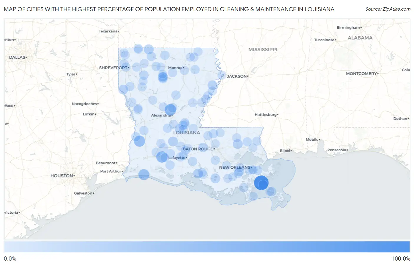 Cities with the Highest Percentage of Population Employed in Cleaning & Maintenance in Louisiana Map