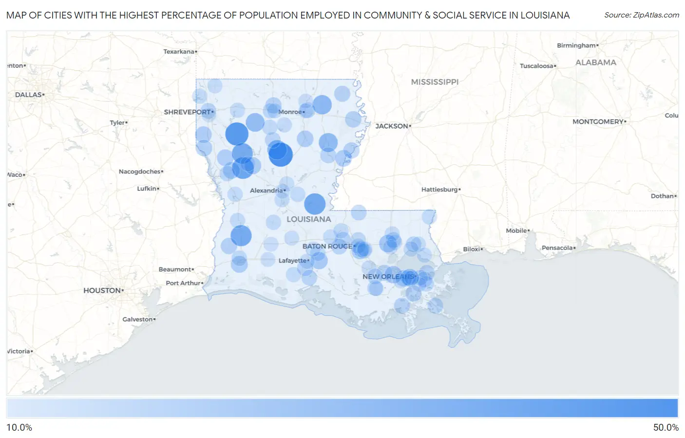 Cities with the Highest Percentage of Population Employed in Community & Social Service  in Louisiana Map
