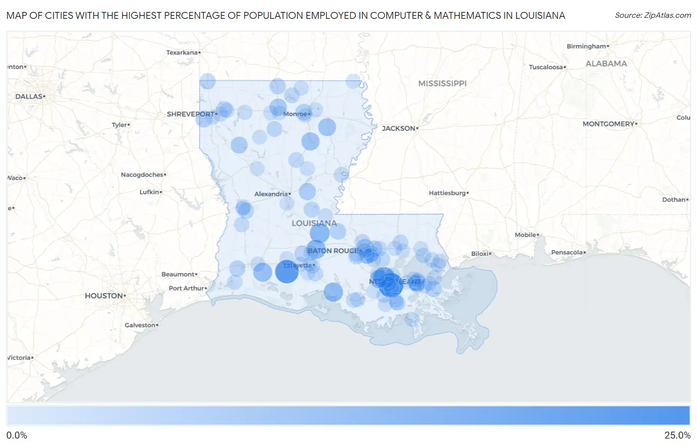 Cities with the Highest Percentage of Population Employed in Computer & Mathematics in Louisiana Map
