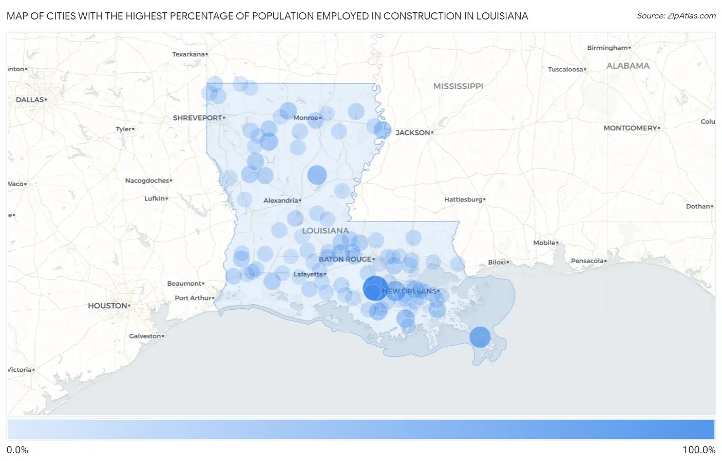 Cities with the Highest Percentage of Population Employed in Construction in Louisiana Map