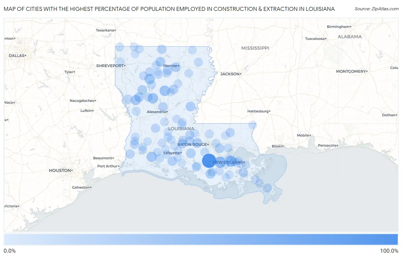 Cities with the Highest Percentage of Population Employed in Construction & Extraction in Louisiana Map