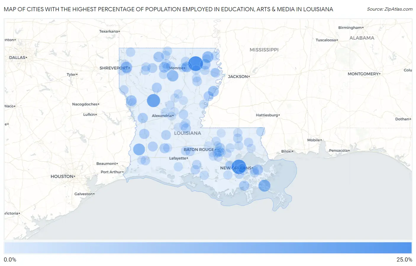 Cities with the Highest Percentage of Population Employed in Education, Arts & Media in Louisiana Map