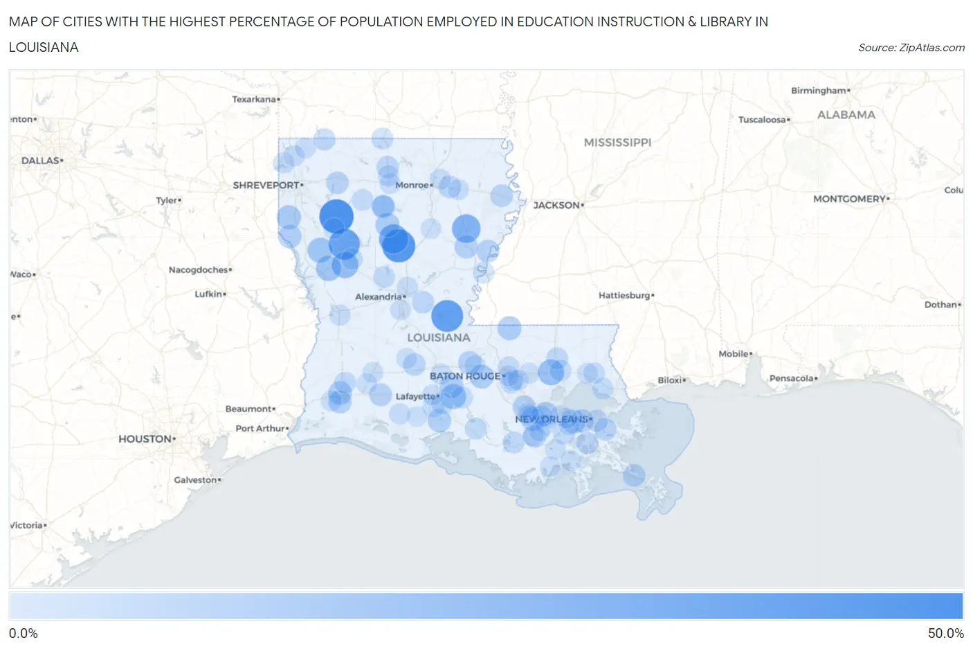 Cities with the Highest Percentage of Population Employed in Education Instruction & Library in Louisiana Map