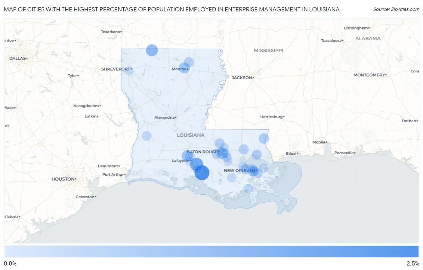 Cities with the Highest Percentage of Population Employed in Enterprise Management in Louisiana Map
