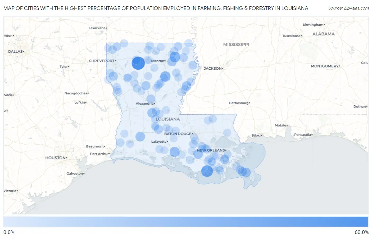 Cities with the Highest Percentage of Population Employed in Farming, Fishing & Forestry in Louisiana Map