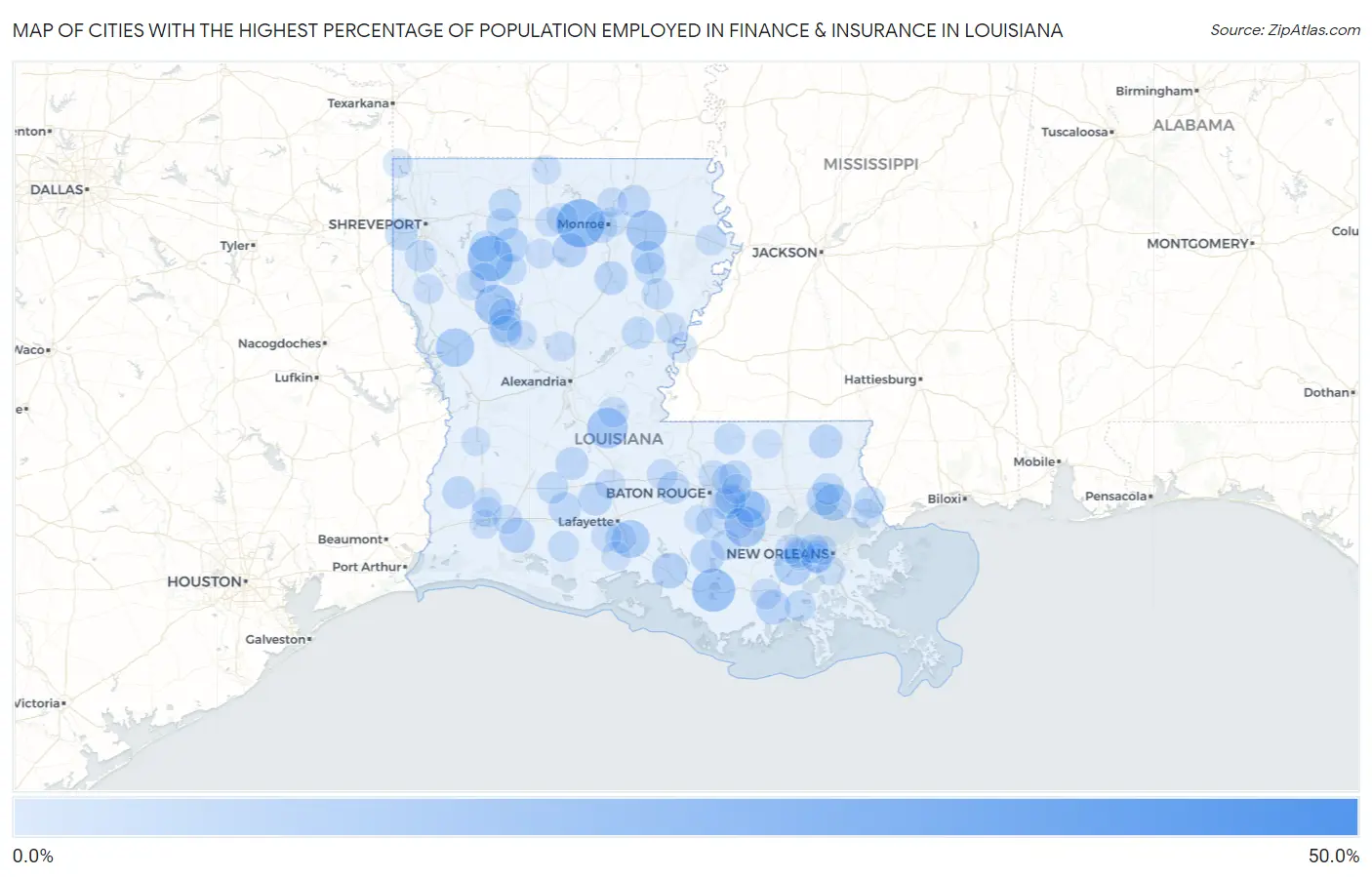 Cities with the Highest Percentage of Population Employed in Finance & Insurance in Louisiana Map