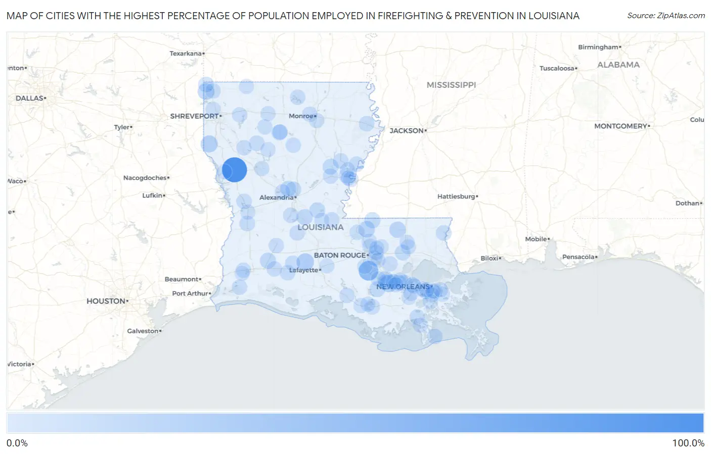 Cities with the Highest Percentage of Population Employed in Firefighting & Prevention in Louisiana Map