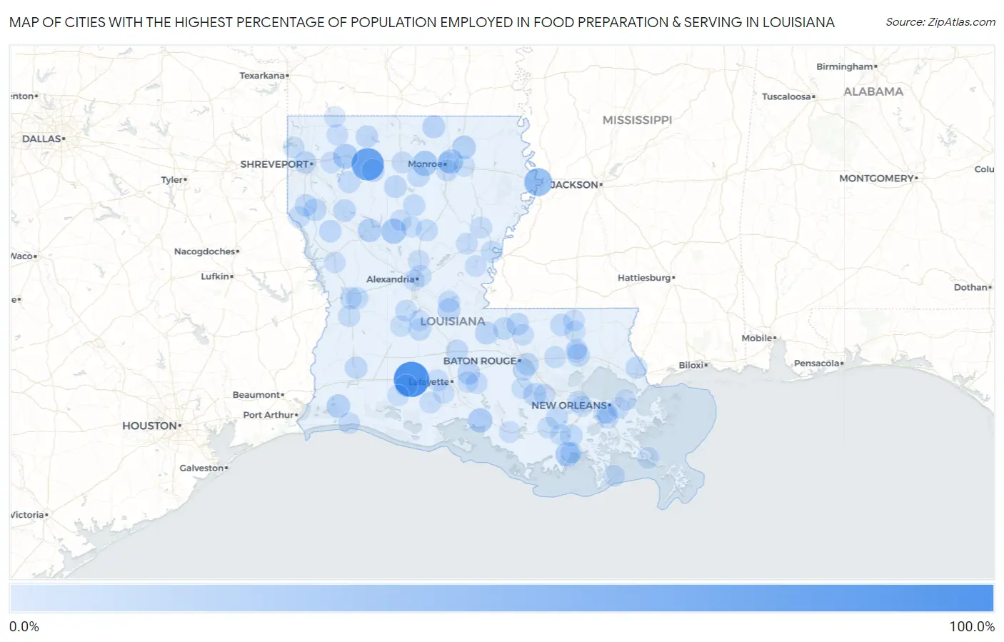 Cities with the Highest Percentage of Population Employed in Food Preparation & Serving in Louisiana Map