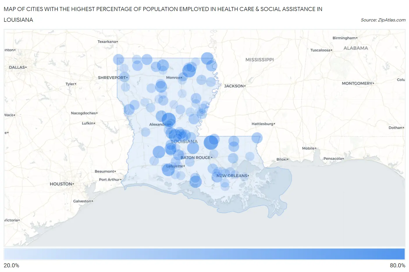 Cities with the Highest Percentage of Population Employed in Health Care & Social Assistance in Louisiana Map