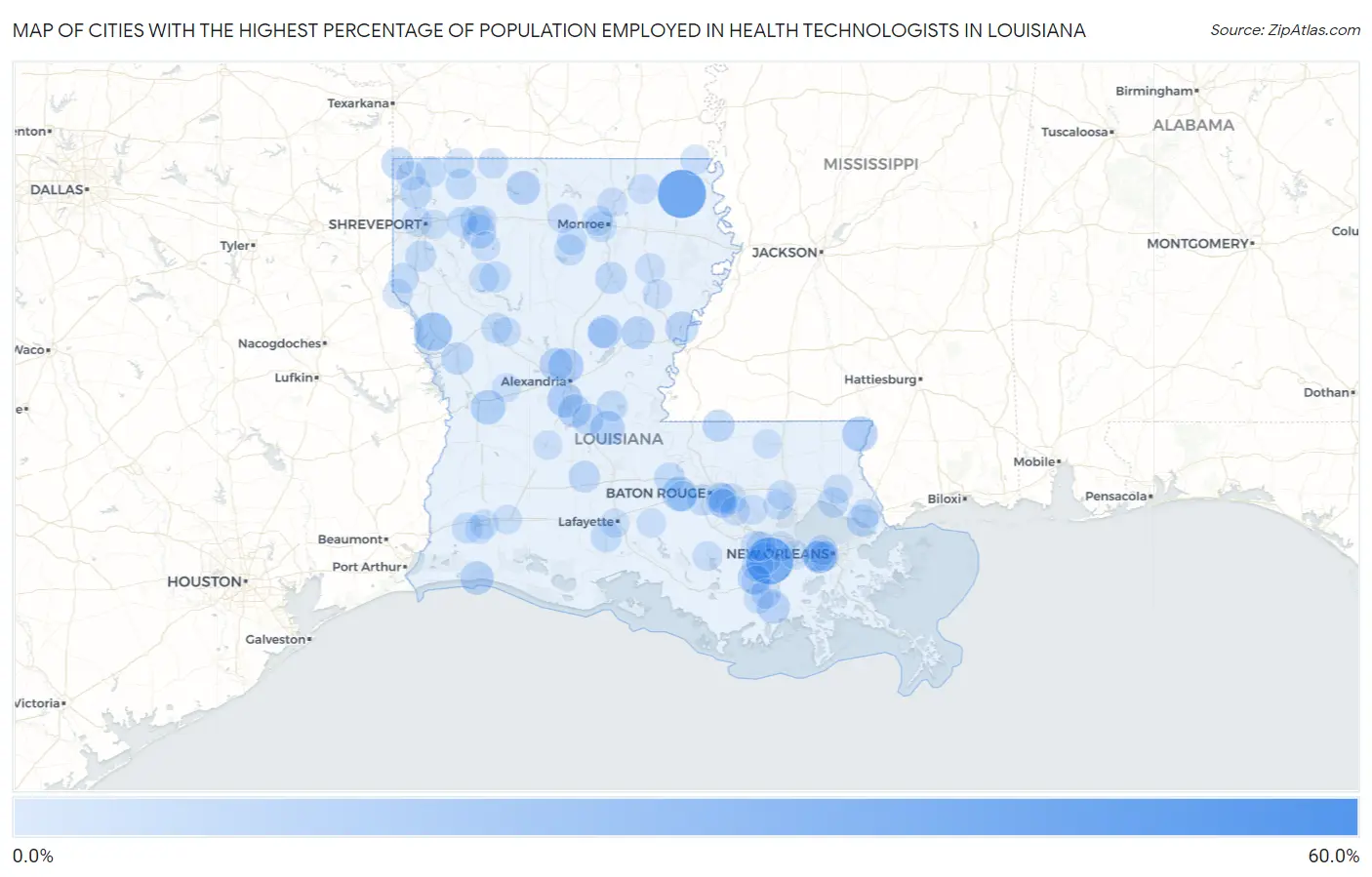 Cities with the Highest Percentage of Population Employed in Health Technologists in Louisiana Map