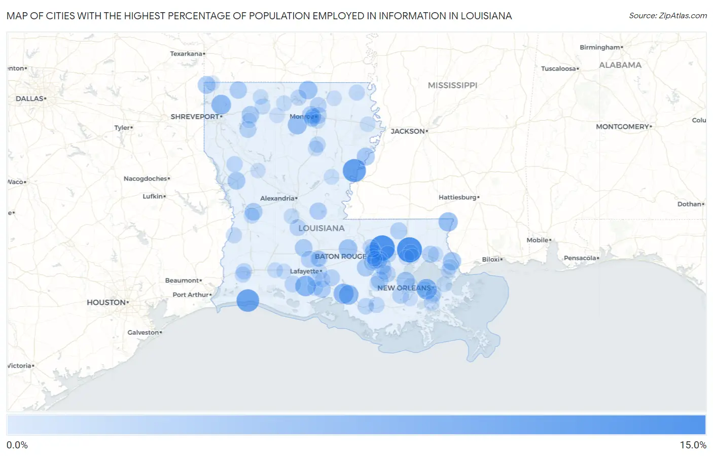 Cities with the Highest Percentage of Population Employed in Information in Louisiana Map