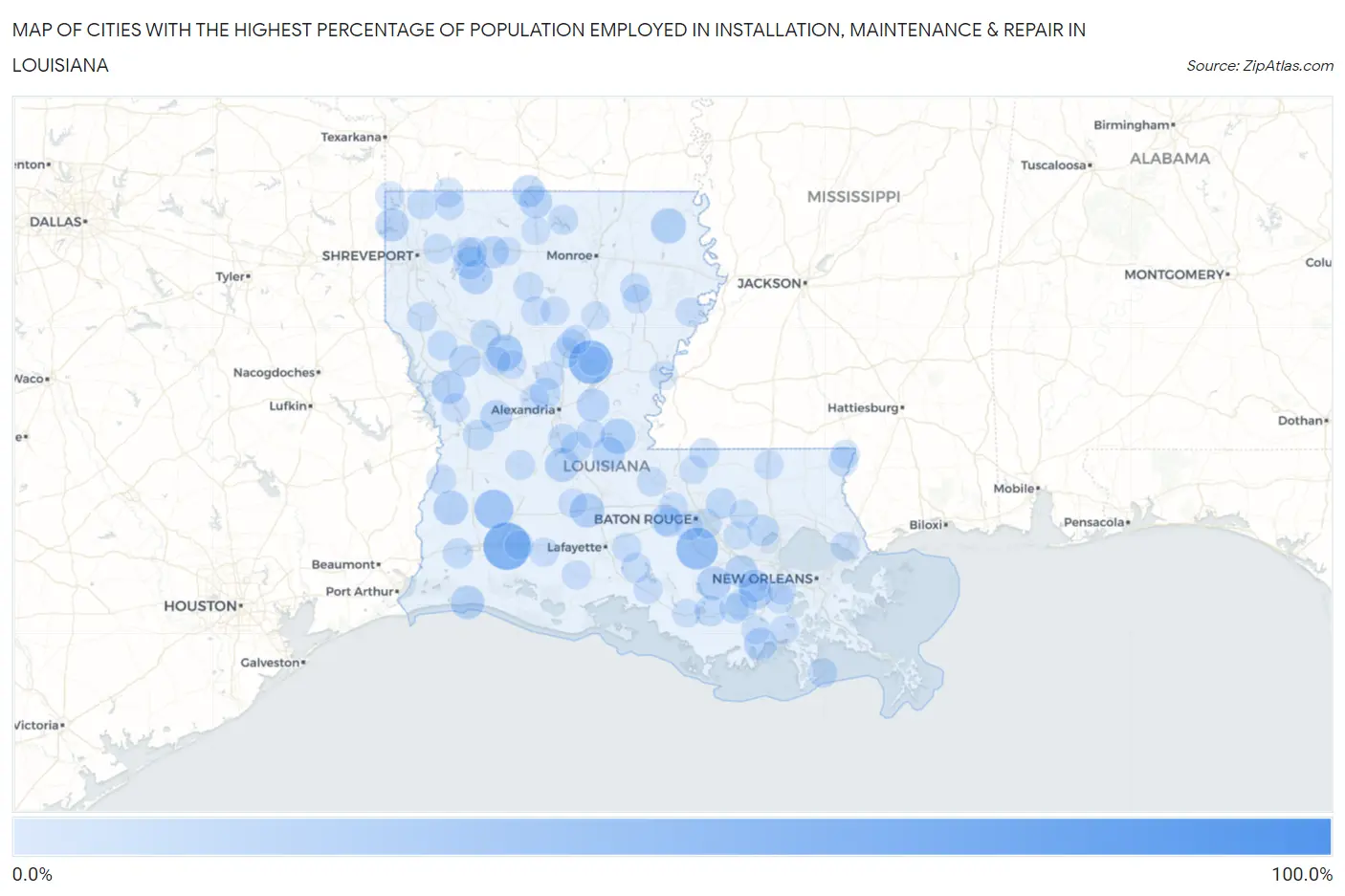 Cities with the Highest Percentage of Population Employed in Installation, Maintenance & Repair in Louisiana Map