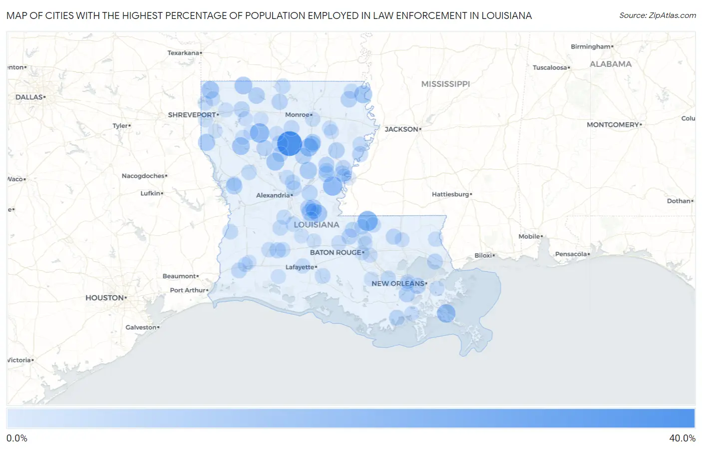 Cities with the Highest Percentage of Population Employed in Law Enforcement in Louisiana Map