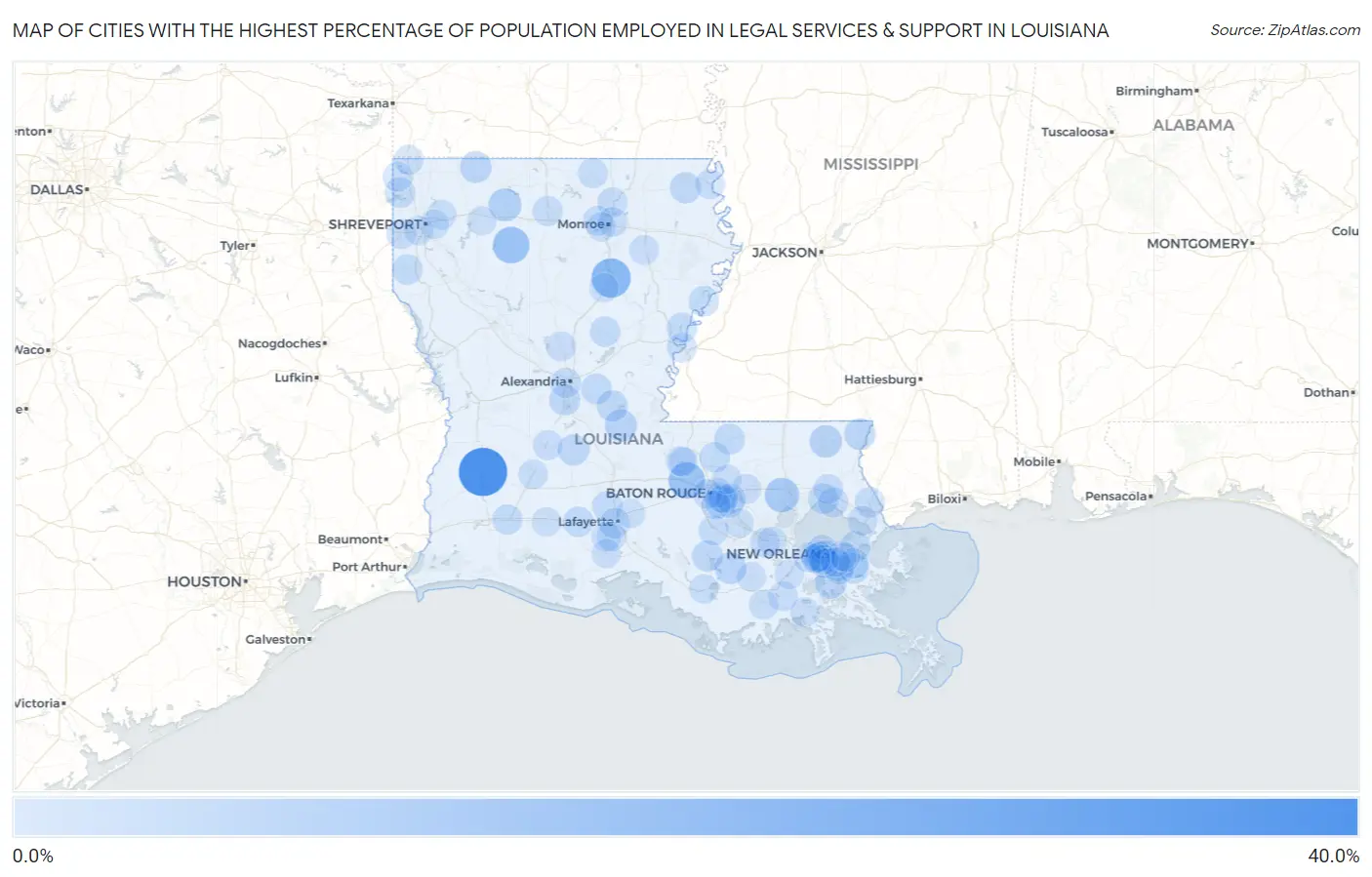 Cities with the Highest Percentage of Population Employed in Legal Services & Support in Louisiana Map