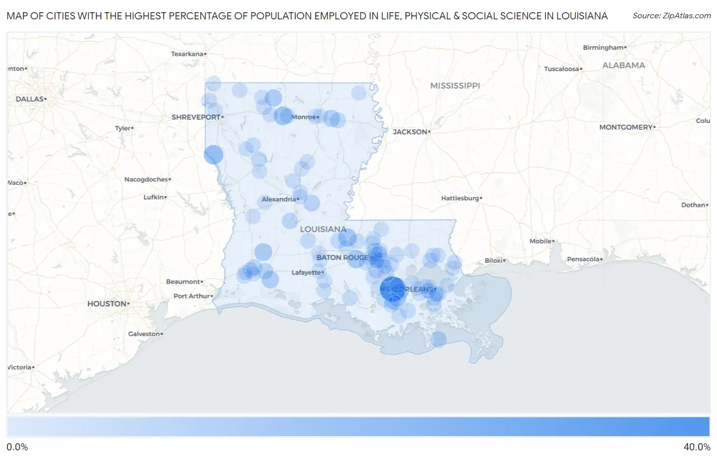 Cities with the Highest Percentage of Population Employed in Life, Physical & Social Science in Louisiana Map