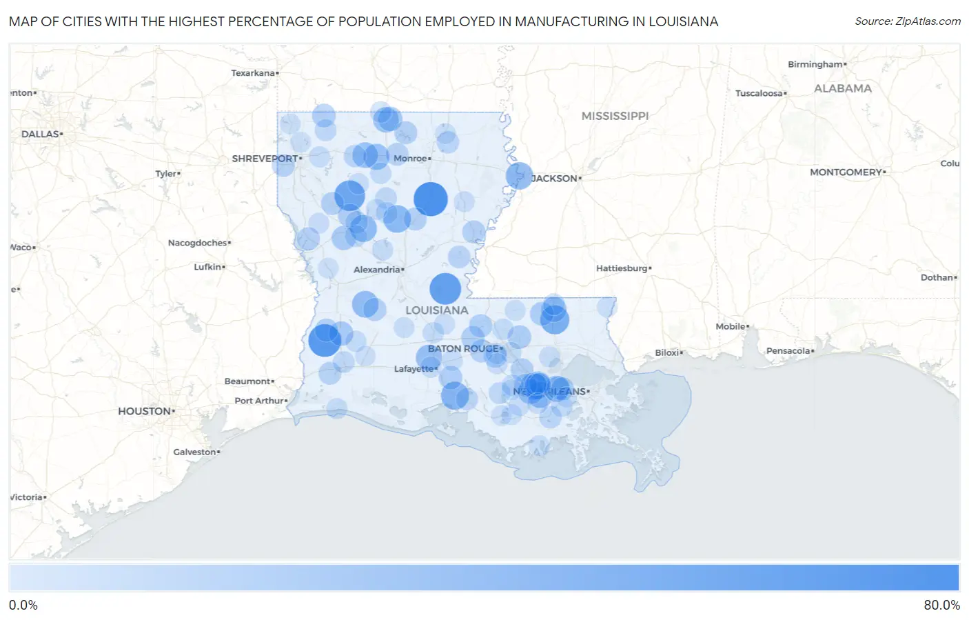 Cities with the Highest Percentage of Population Employed in Manufacturing in Louisiana Map