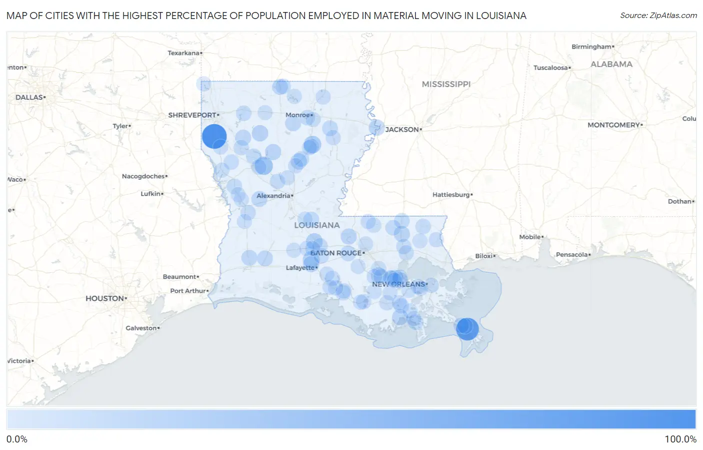 Cities with the Highest Percentage of Population Employed in Material Moving in Louisiana Map