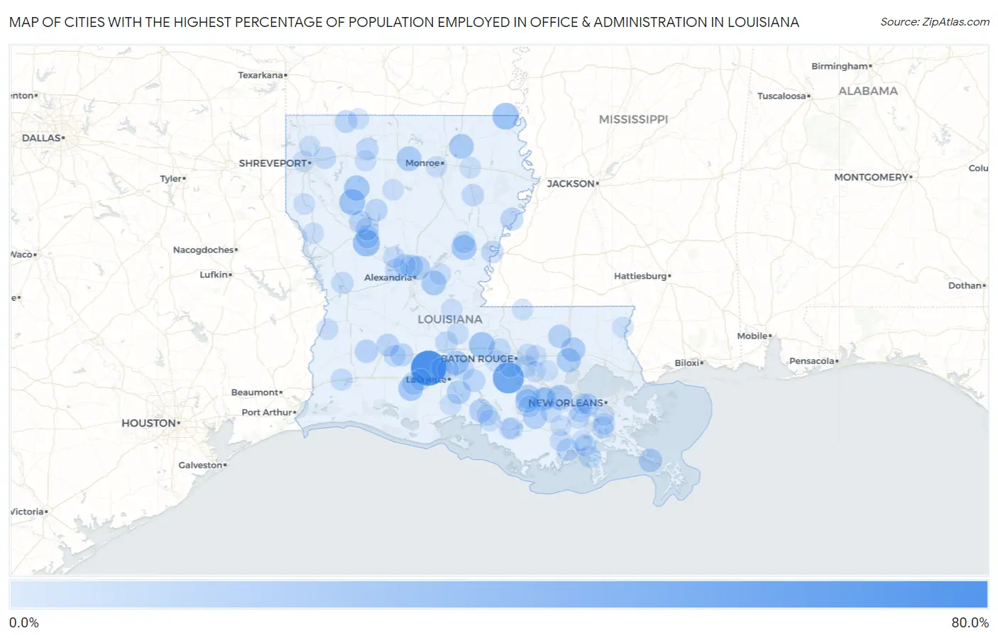 Cities with the Highest Percentage of Population Employed in Office & Administration in Louisiana Map