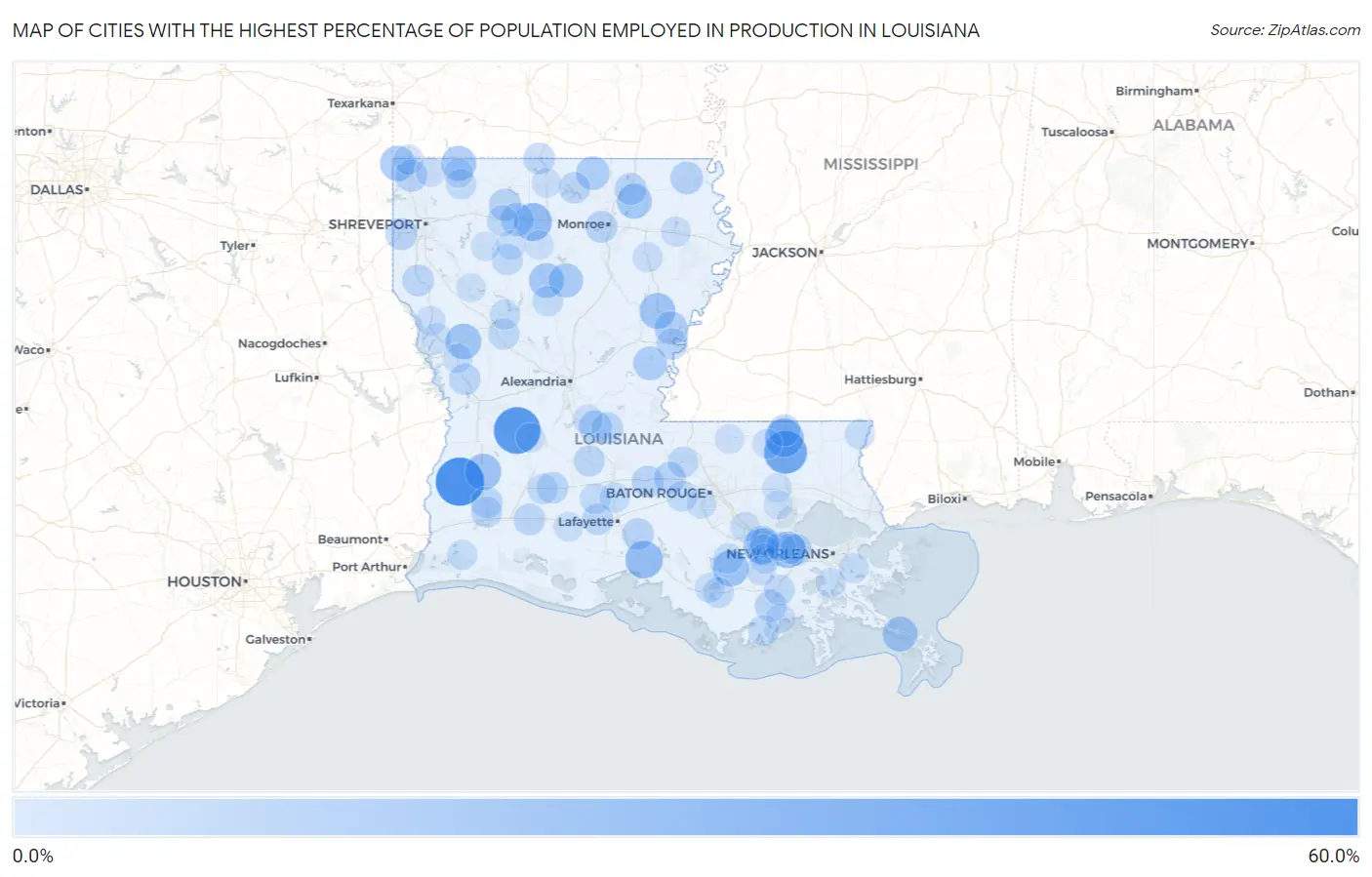 Cities with the Highest Percentage of Population Employed in Production in Louisiana Map