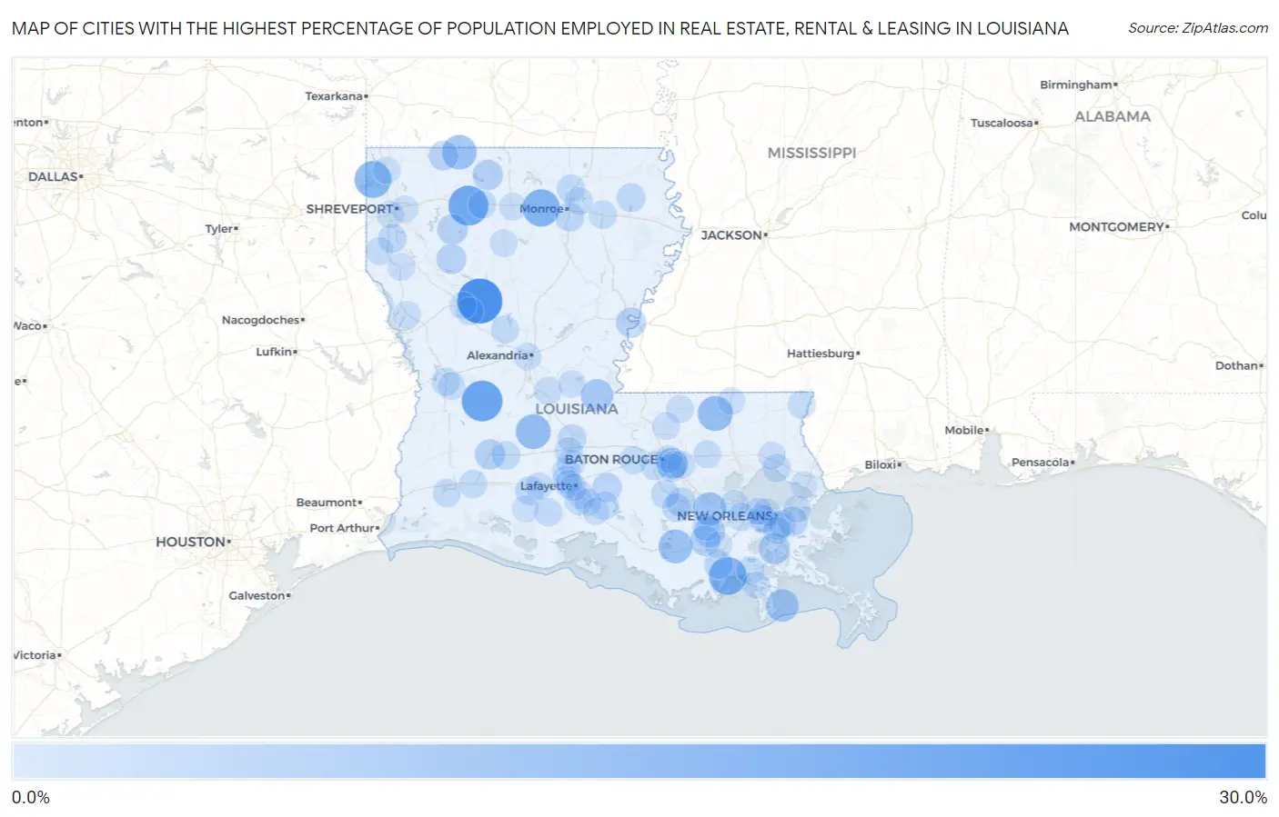 Cities with the Highest Percentage of Population Employed in Real Estate, Rental & Leasing in Louisiana Map