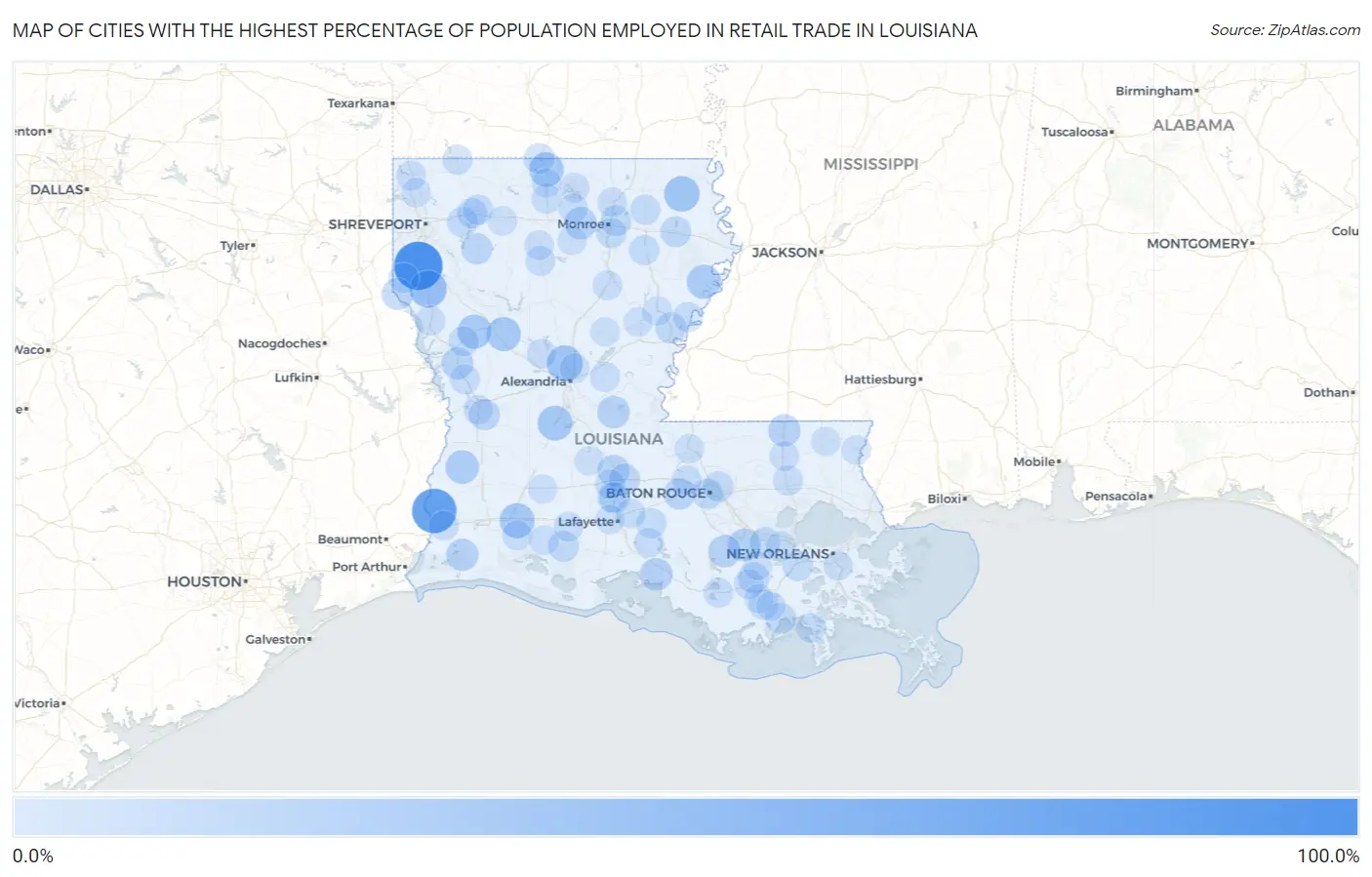 Cities with the Highest Percentage of Population Employed in Retail Trade in Louisiana Map