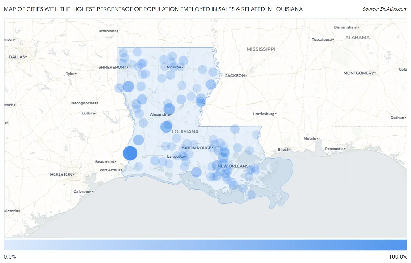 Cities with the Highest Percentage of Population Employed in Sales & Related in Louisiana Map