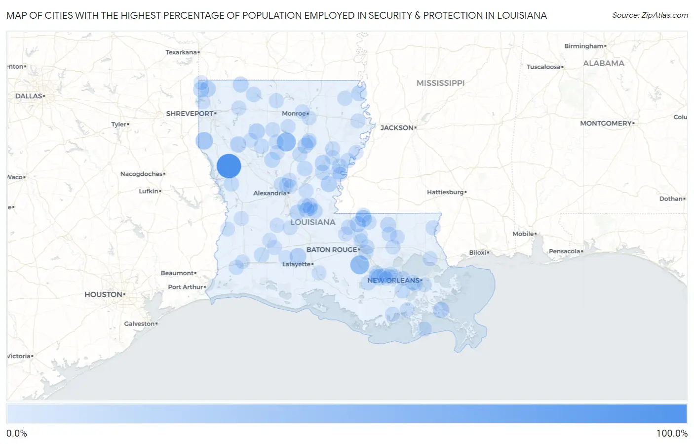 Cities with the Highest Percentage of Population Employed in Security & Protection in Louisiana Map