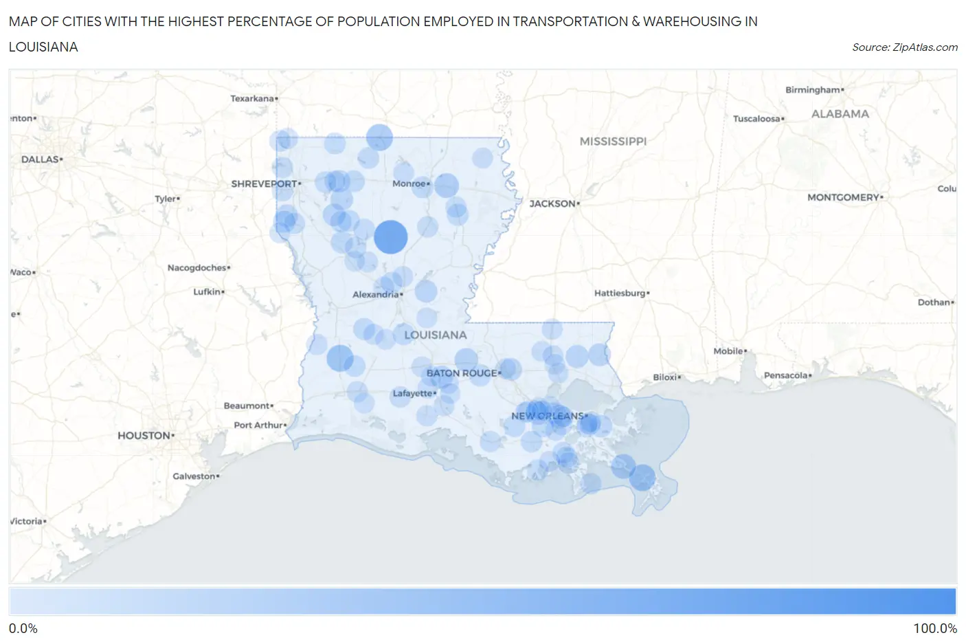 Cities with the Highest Percentage of Population Employed in Transportation & Warehousing in Louisiana Map