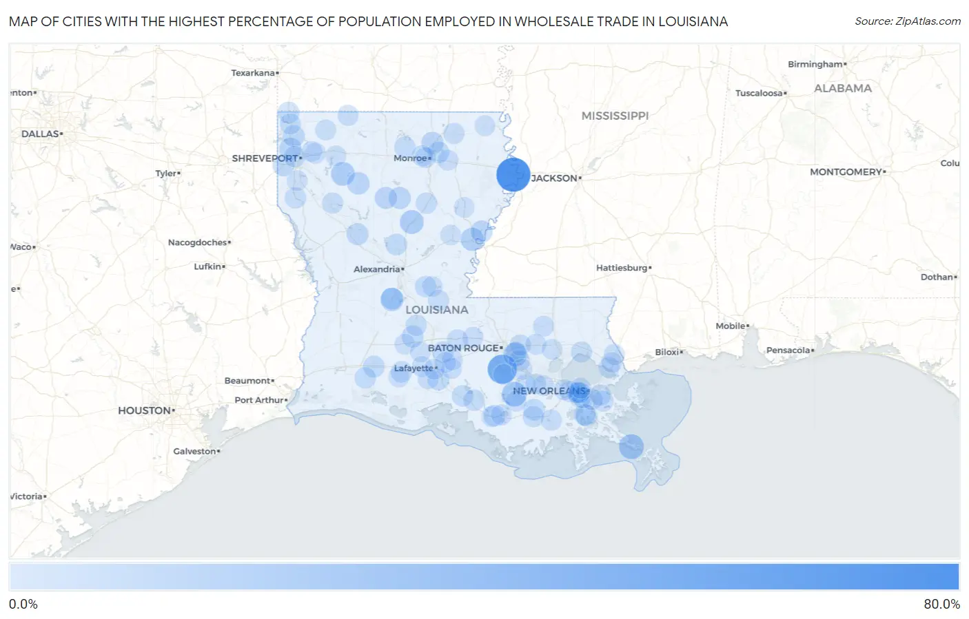 Cities with the Highest Percentage of Population Employed in Wholesale Trade in Louisiana Map