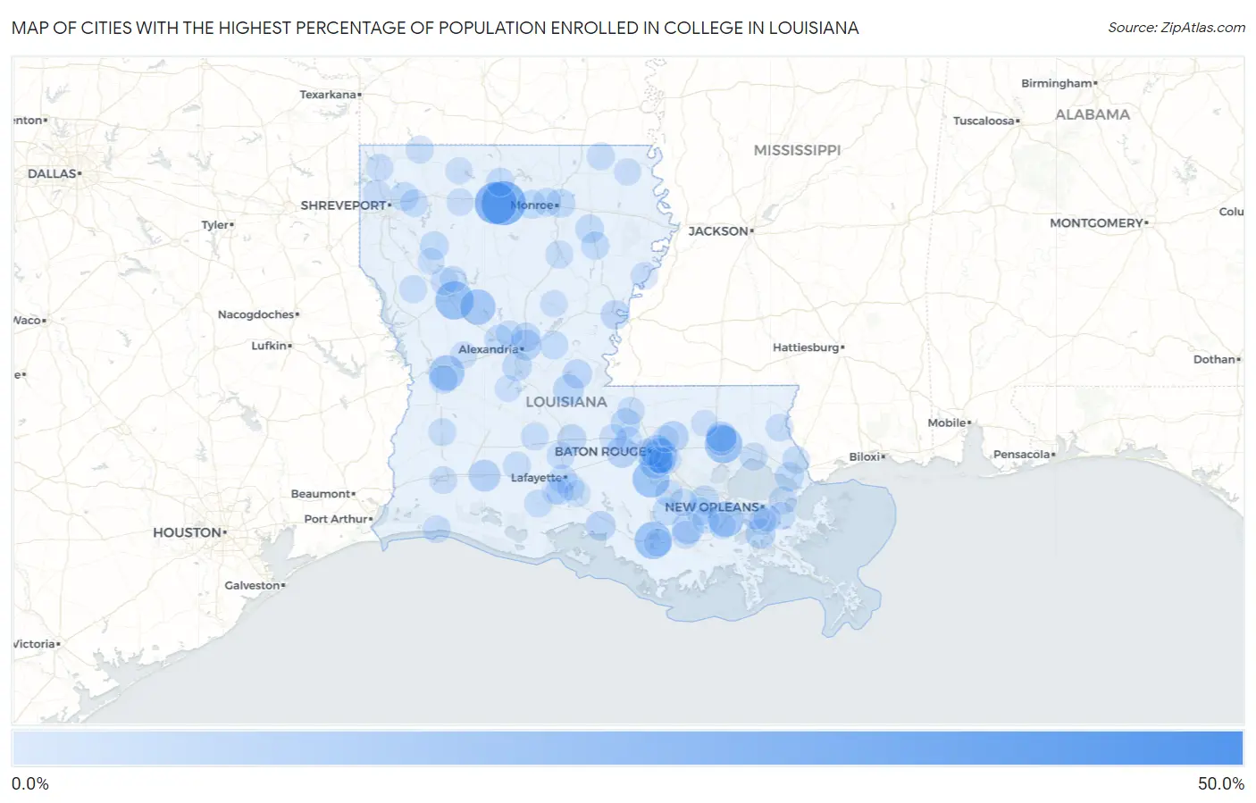 Cities with the Highest Percentage of Population Enrolled in College in Louisiana Map