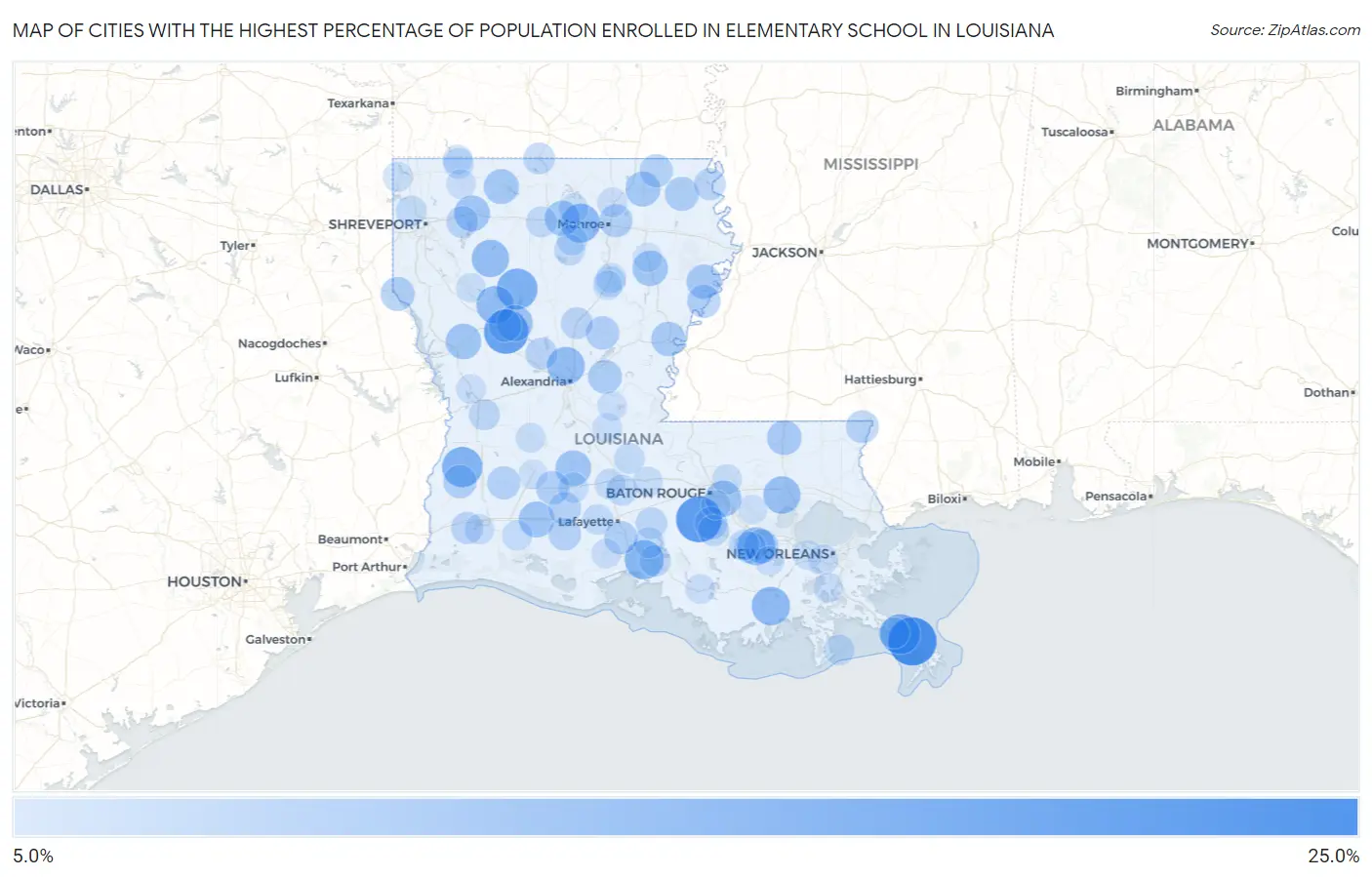 Cities with the Highest Percentage of Population Enrolled in Elementary School in Louisiana Map